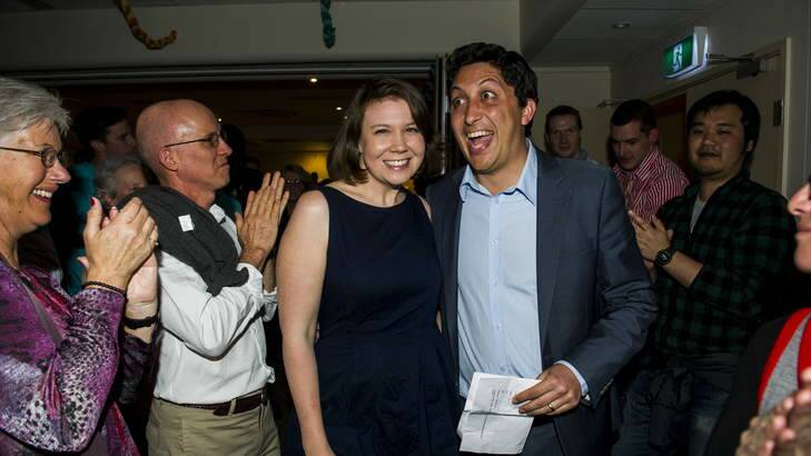 Simon Shiekh and his wife Anna Rose enter the Greens' party at The Canberra Club on election night. Photo: Rohan Thomson