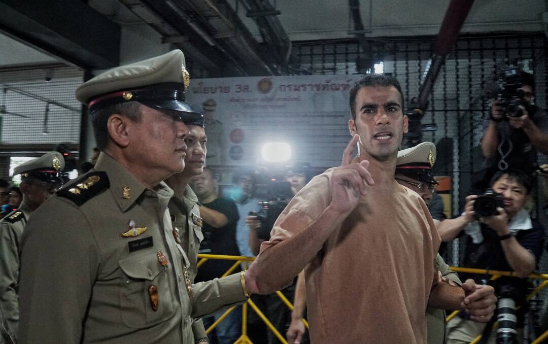 Hakeem al-Araibi arrives at a Thai court for his extradition hearing on Monday. Photo: Amilia Rosa