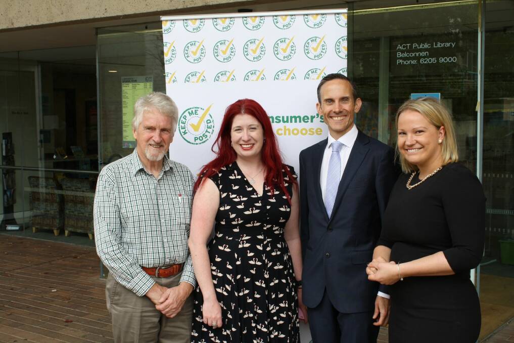 At the Keep Me Posted event in Canberra were??Colin Ormsby from Fair Go for Pensioners, Labor MLA for Ginninderra Tara Cheyne , Federal MP for Fenner Andrew Leigh and ?and Keep Me Posted executive director Kellie Northwood.? Photo: Supplied