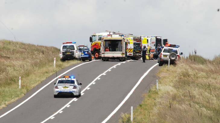 Scene of a fatal crash on the Monaro Highway, where a Canberra man and a Queanbeyan woman were killed after their car left the road and rolled. Photo: Elena Guarracino/Cooma-Monaro Ex