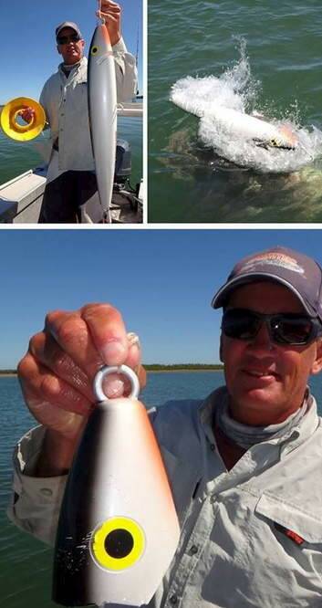 Canberra's fishing man Rob Paxevanos and his 73cm ornamental lure before and after it was chomped by a Queensland groper.