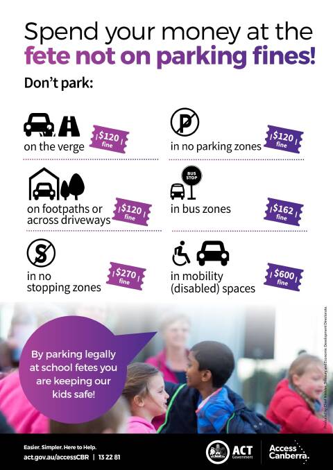 The ACT Government will be distributing this flyer to local schools after an uproar over visitors to school fetes receiving parking fines.  Photo: Supplied