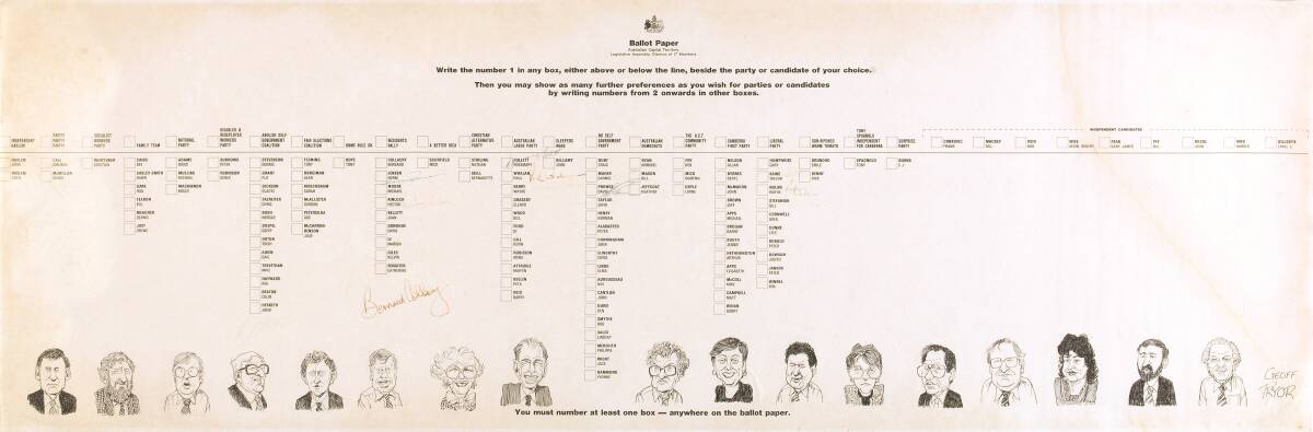 A copy of the massive  1989 ACT election ballot paper, adorned with sketches of the successful candidates by Geoff Pryor. There were 122 candidates from 22 political parties Photo: Canberra Museum and Gallery