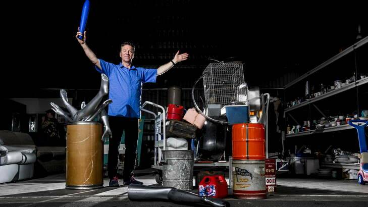 Graeme Leak with a collection of items at Tiny's Green Shed. The items will be used as instruments in the Noise Orchestra he is organising as part of Canberra's Centenary Celebrations. Photo: Rohan Thomson