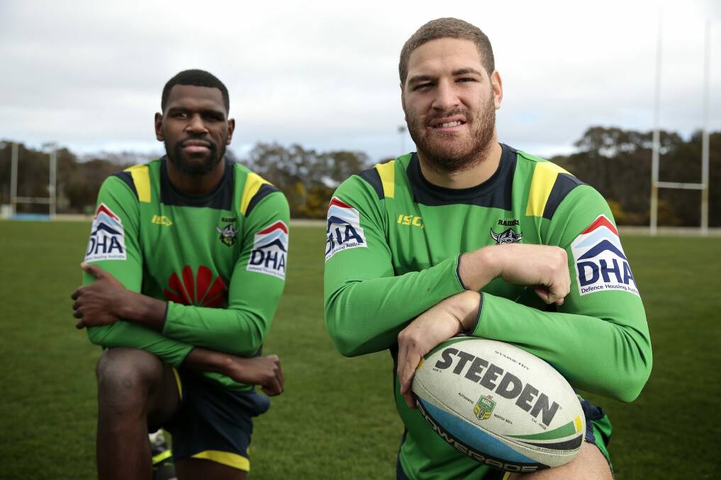 Canberra Raiders players and cousins Edrick Lee, left, and Brenko Lee will play together for the first time in the NRL. Photo: Jeffrey Chan