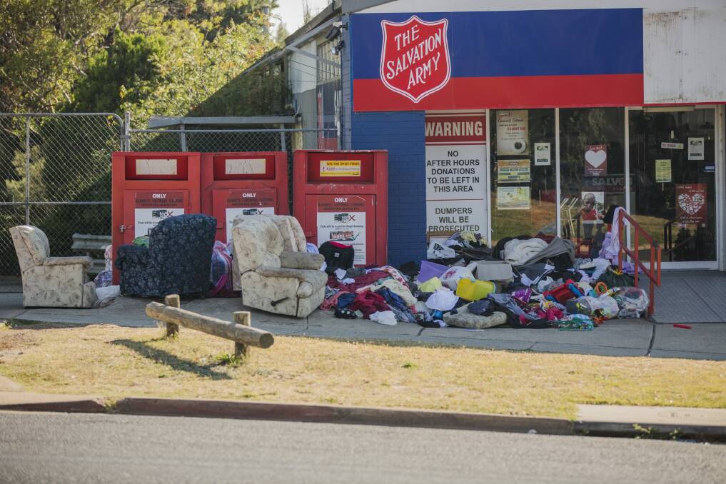 A free kerbside bulky waste pick-up service would be unlikely to kerb illegal dumping like the unwanted items left outside the Salvation Army at Fyshwick. Photo: Jamila Toderas