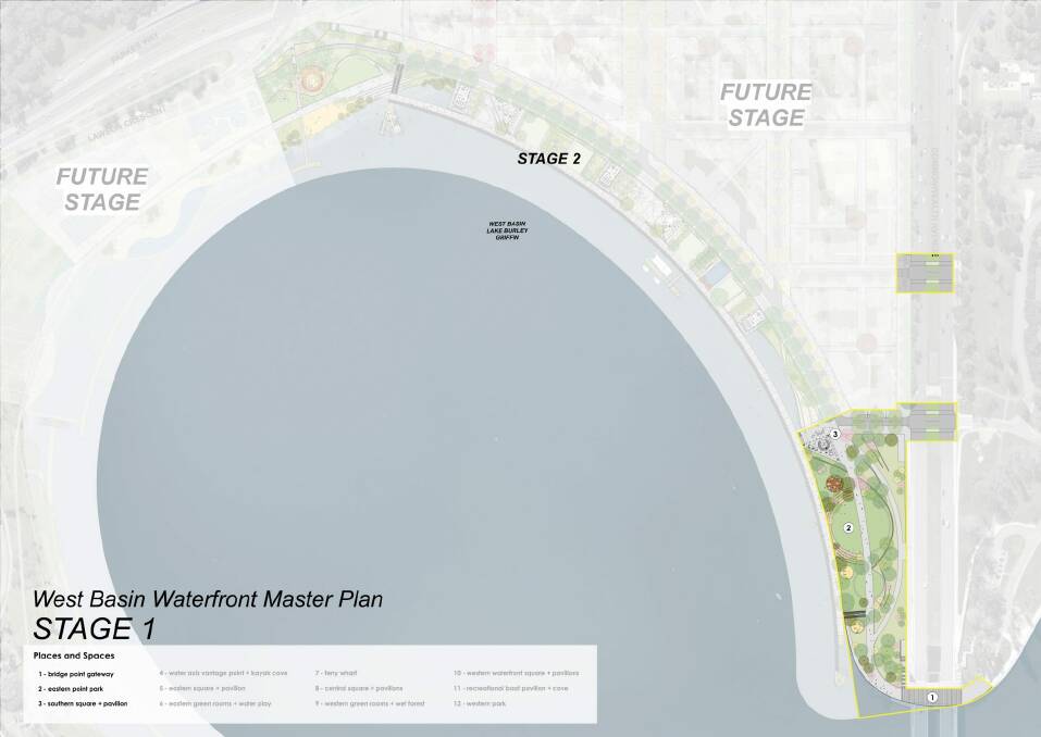 West Basin plan, showing the park to be developed in 2015-16 at bottom right. The swimming pool site is at top. Photo: ACT Government