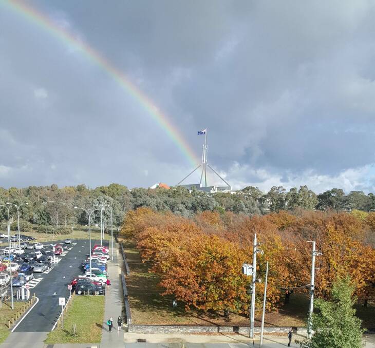A rainbow over Parliament House. Are good times coming for Canberra? Photo by Brian Arnell. Photo: Supplied