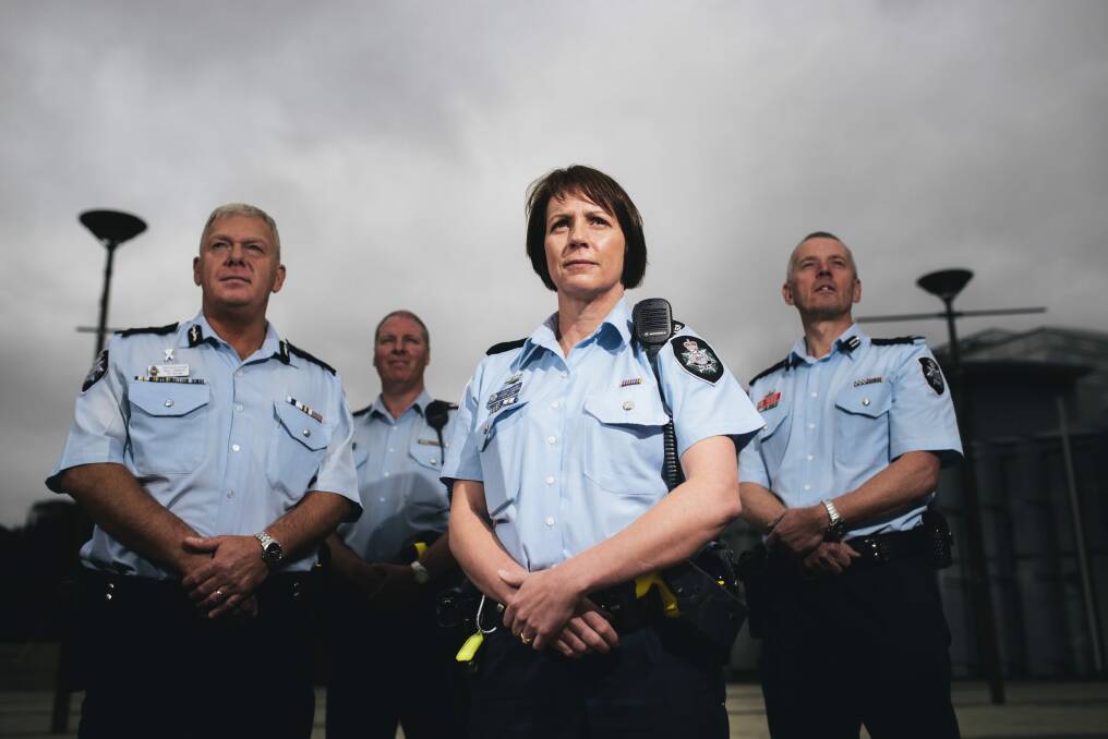 ACT Assistant Police Commissioner Rudi Lammers with Jason Kennedy, Joanne Cameron and Rob Wilson - new dedicated family violence and community safety teams designed to strengthen the response to domestic abuse. 
 Photo: Rohan Thomson