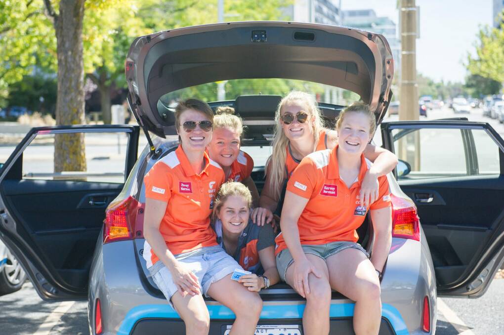 Canberra's five GWS AFL Women's players, Jess Bibby, Ellie Brush, Hannah Wallett, Britt Tully and Ella Ross have been carpooling and heading up to Sydney every week for training and games.  Photo: Jay Cronan