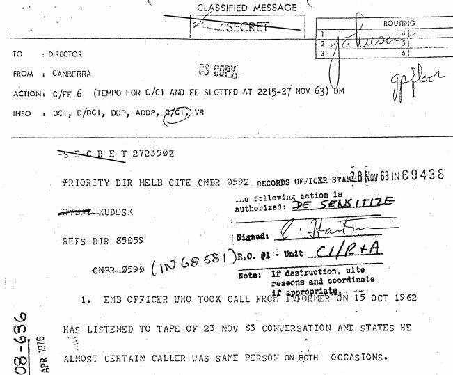 A cable sent after a Polish taxi driver from Canberra claimed to have knowledge of a plot to kill President Kennedy Photo: Steven Trask