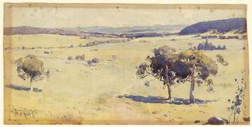 Penleigh Boyd's watercolour 'The Canberra Site' (1913) embodies the words of Badjam's Queanbeyan poem which was composed in 1914. Photo: Courtesy National Library