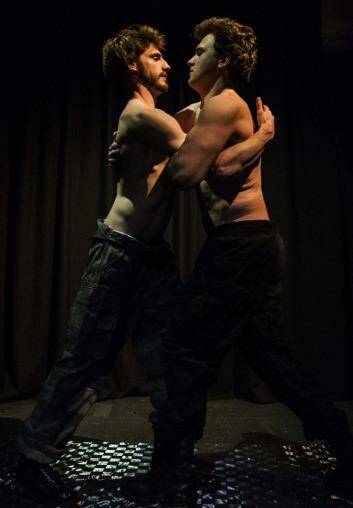 Confronting: Ethan Gibson and James Hughes in Scandalous Boy. Photo: Lorna Sim