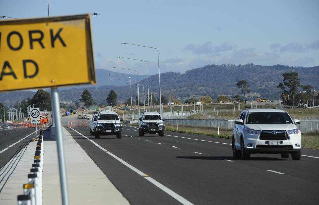 A new section of the Majura Parkway has been opened between the Federal Highway and Fairbairn Avenue. Photo: Graham Tidy