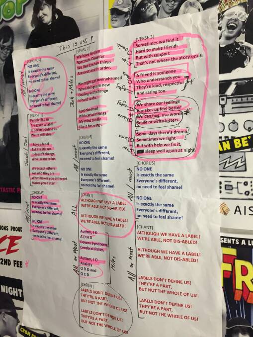 A working sheet for the lyrics to 'Labels Don't Define Us' by the students of The Woden School. Photo: Megan Doherty