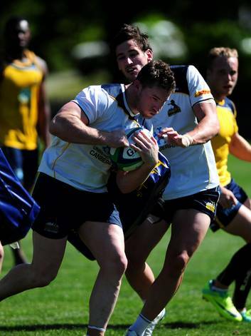 ACT club players Matt Hawke and Sam Windsor training with the Brumbies at Brumbies HQ. Photo: Melissa Adams