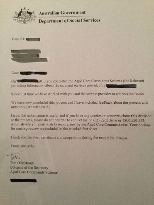Letter from the Aged Care complaints scheme regarding an elderly person in a Canberra nursing home. Photo: Supplied