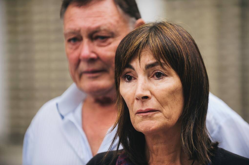 Parents of alleged murder victim Eden Waugh, Elaine and David Waugh speak to media outside the Civic Police Station. Photo: Rohan Thomson