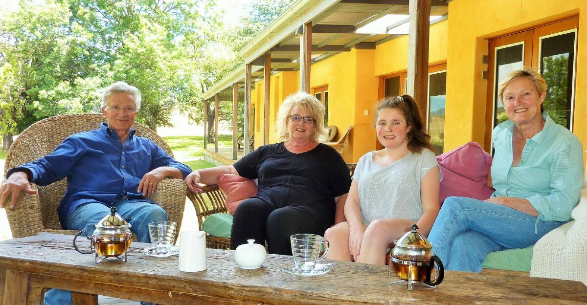 The Ducks 'n' Fishes Cafe is a great destination for a day trip from Canberra. Relaxing on the cafe's veranda are, from lect, Ian Cathles, Wendy Griffiths and Feebie Skinner and Helen Cathles.  Photo: Tim the Yowie Man
