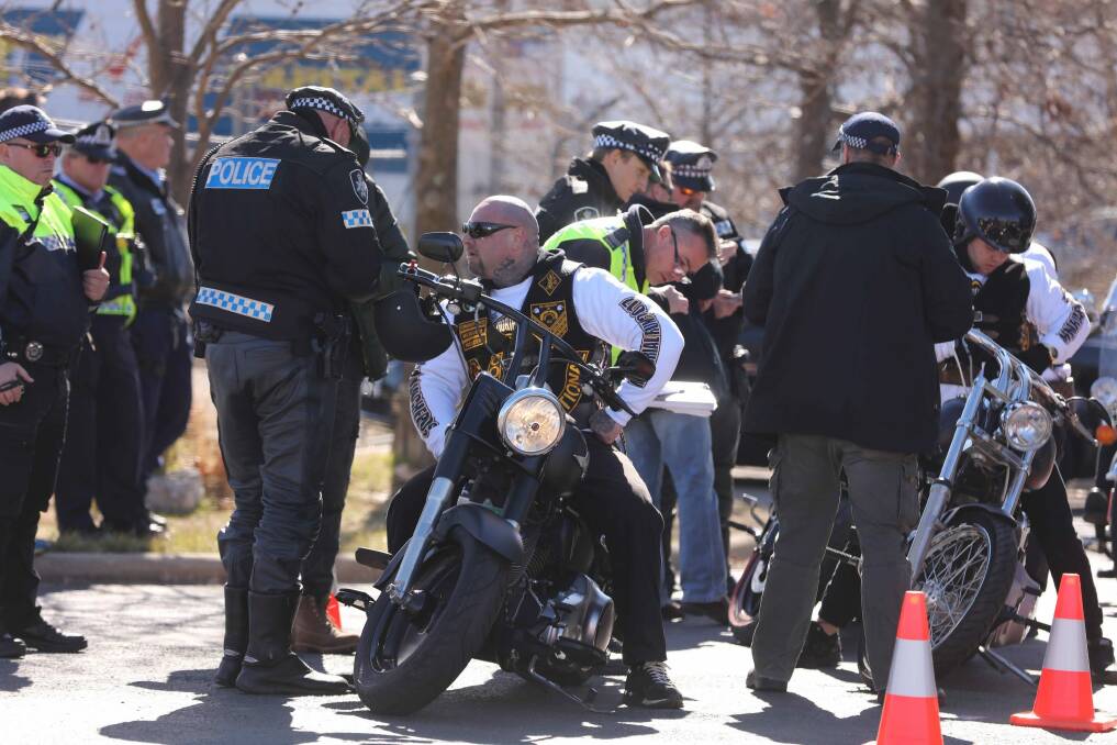 Police monitor the movements of the Commanchero bikies in Canberra on Saturday. Photo: ACT Policing