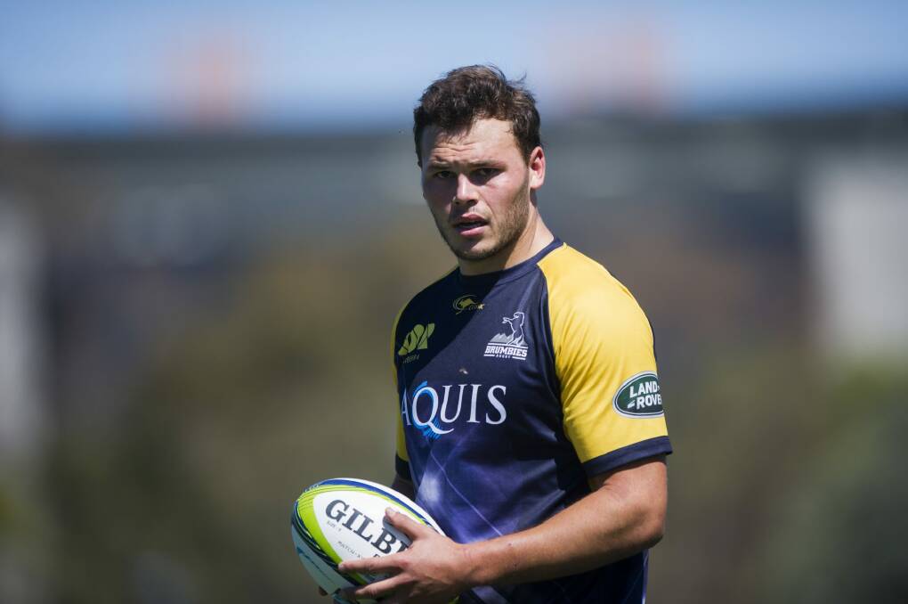 Brumbies back-rower Michael Wells is ready for whatever challenge is thrown at him, including impersonating a Springboks great. Photo: Rohan Thomson