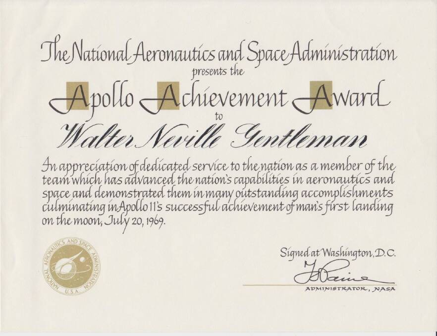 The Apollo Achievement Certificate that Walter Gentleman received from NASA for his role in the moon landing. Photo: Supplied 
