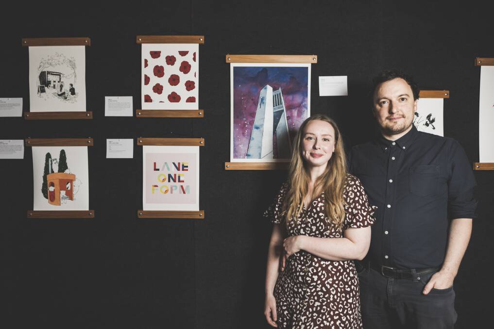 Artists behind '31 days in',  Zoe Elliott and Timothy Vaughan-Sanders.
They have spent their month in Canberra and are exhibiting their work at the Embassy of Belgium. Photo:  Jamila Toderas