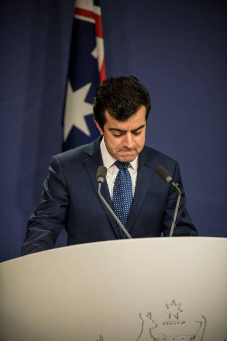 Senator Sam Dastyari announces he will stand aside from the Labor frontbench. Photo: Wolter Peeters
