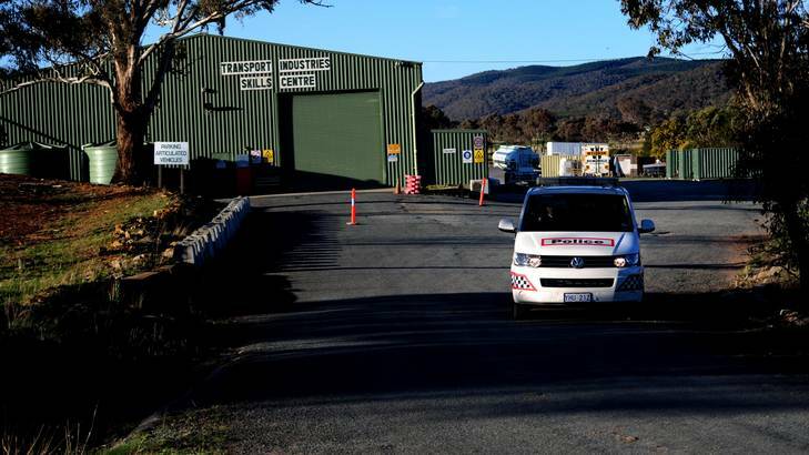 Police leave the transport industries skills centre on Sunday following the tragedy. Photo: Melissa Adams
