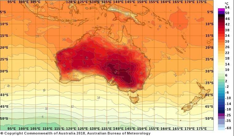 A map of Australia with predicted temperatures at 2pm on January 21, 2018. Photo: Elliot Williams