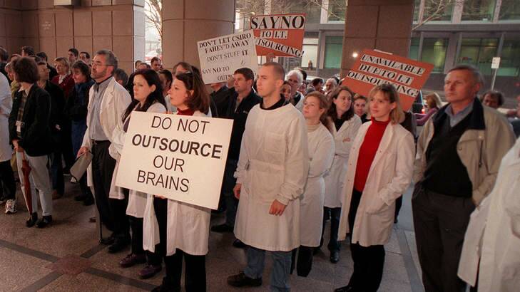 Political science ... CSIRO staff protest against the outsourcing of IT in 2000. Today, disinterested observers generally accept that whether a service provider is publicly or privately owned matters less than the controls over the service. Photo: Eamon Gallagher