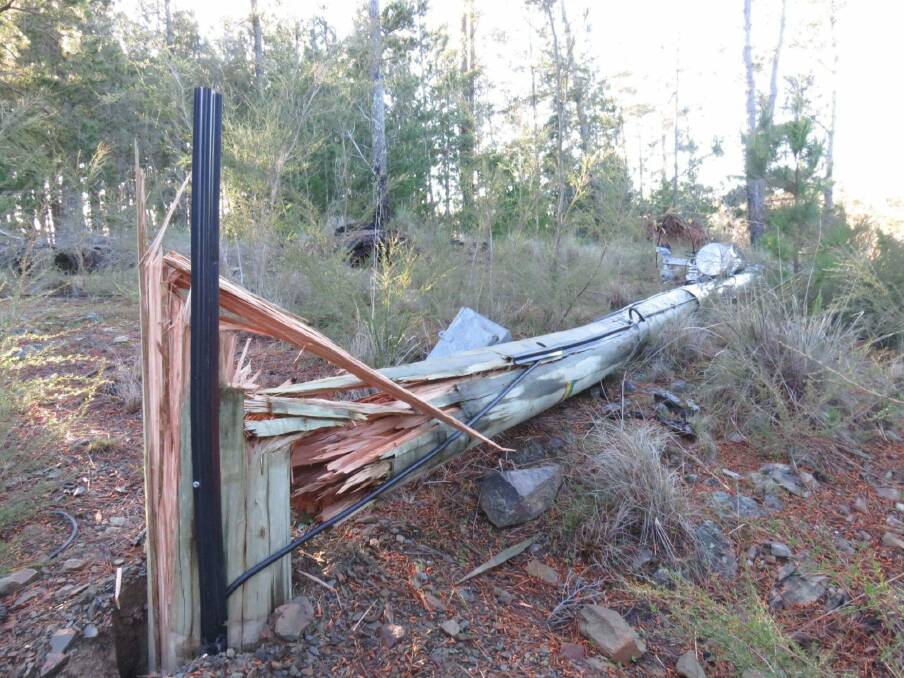 The wind snapped this power pole in half at Bywong. Photo: Mike Wilkins