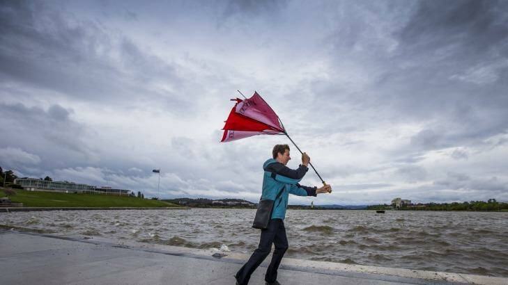 Hugh Lennon battles gale-force winds and rain during his walk home on Tuesday Photo: Matt Bedford