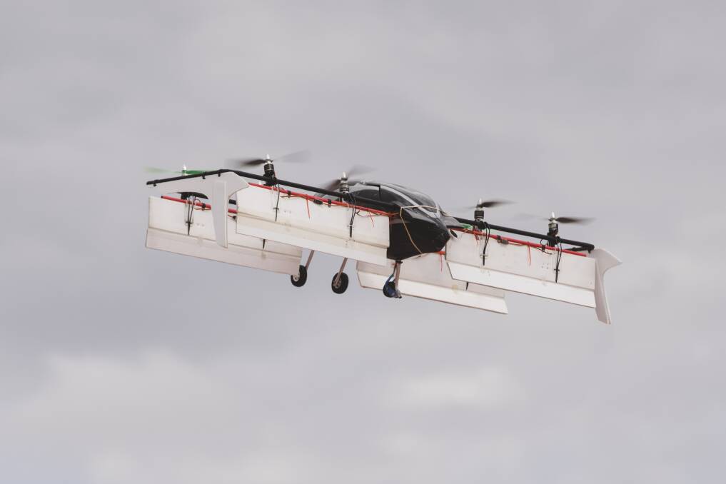 A scale model of the Verti-plane in the air at the Canberra Model Aircraft Club on Tuesday. Photo: Jamila Toderas