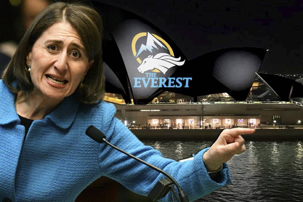 Gladys Berejiklian has instructed the Sydney Opera House to allow its sails to be lit up with colours, numbers and a trophy to promote next Saturday’s Everest horse race. Photo: AAP, supplied