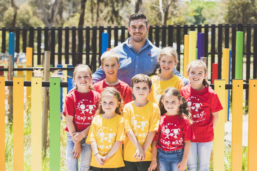 Feel the Magic founder and managing director James Thomas, with Canberra children. Rear from left: Madison Tanfara 8, Elijah Hickman 9, Audrey Hickman 11, and Sienna Tanfara 10. Front from left: Lottie Searle 5, Tom Searle 7, and Ava Tanfara, 5. Photo: Jamila Toderas