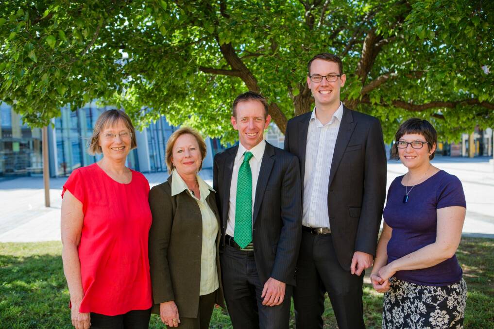 The Green's five lead candidates in the 2016 election,  Caroline Le Couteur, Veronica Wensing, Shane Rattenbury, Michael Mazengarb and Indra Esguerra. A review has found significant unhappiness in the party as the handling of undisclosed incidents, and at the way decisions were made. Photo: Jamila Toderas