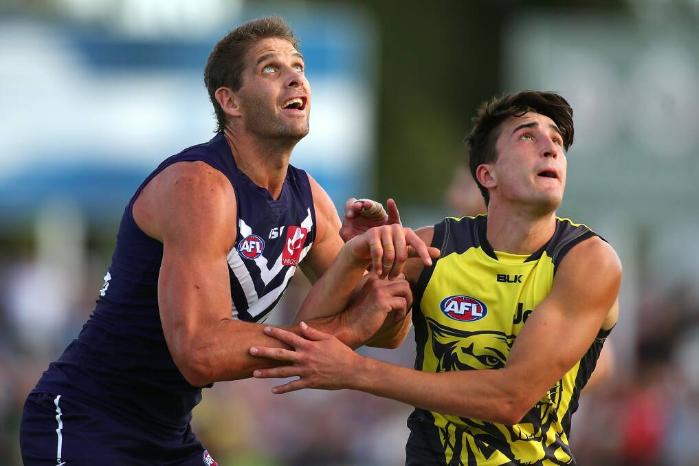 Fremantle's Aaron Sandilands and Tiger Ivan Soldo contest the ruck during their NAB Challenge match.  Photo: Getty Images