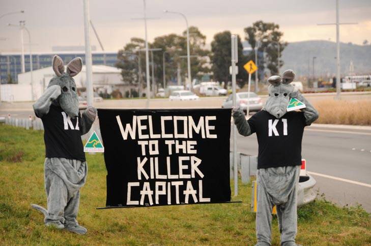 Killer capital ... the Animal Army protesting against the persecution of the eastern grey kangaroo in the capital. Photo: Kate Leith