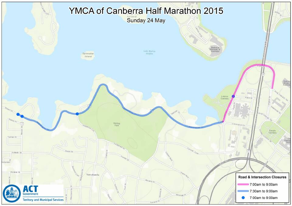 A map of road closures during the YMCA of Canberra half marathon on Sunday. Photo: Territory and Municipal Services