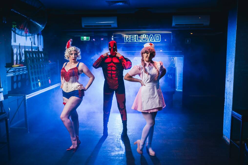Eve La Reine, Violet Grey (as Deadpool), and Bambi Rey (as Nurse Joy) will appear onstage on 23 February in Nerdlesque Issue #2. Photo: Rohan Thomson