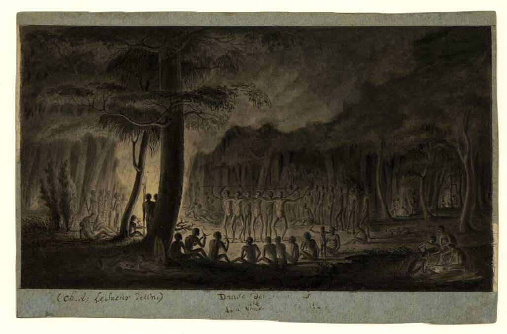 Charles-Alexandre Lesueur: Aboriginal people dancing near a fire</i>, <br/>Charles-Alexandre Lesueur, 1802 in The Art of Science: Baudin’s Voyagers 1800–1804 at the National Museum of Australia. Photo: Museum of Natural History, Le Havre.