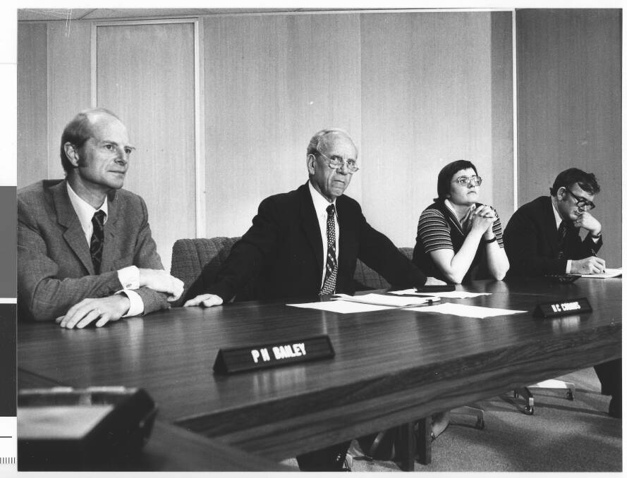 H. C. 'Nugget' Coombs leads a hearing at his royal commission into government administration in the 1970s.