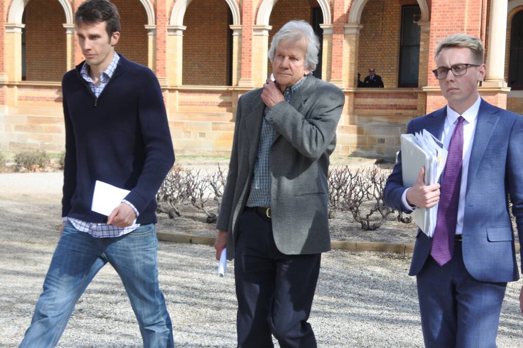 Barbara Eckersley's son, husband and solicitor leave Goulburn Local Court.  Photo: Daniella White