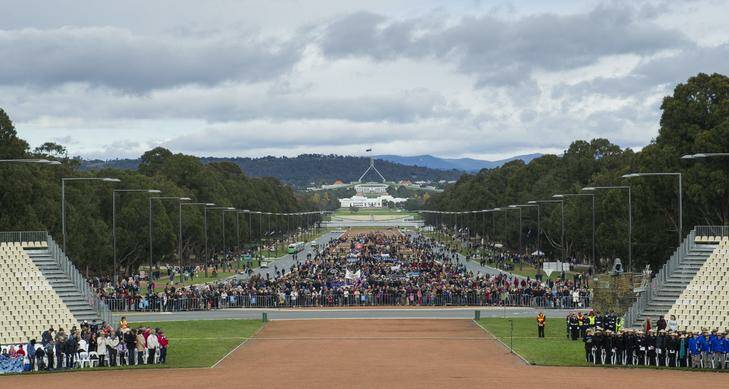 Crowds await the start of The National Ceremony at The Australian War Memorial yesterday. Photo: Rohan Thomson
