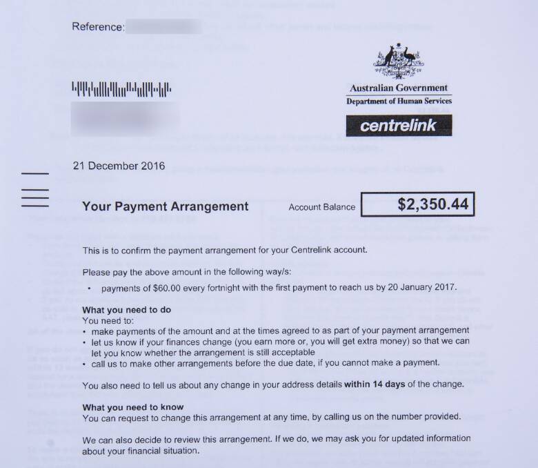 A Centrelink debt recovery notice received in December.

