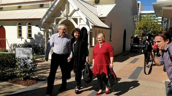 Prime Minister Kevin Rudd and wife Therese Rein leave a Brisbane church where they attended a service. Photo: Natalie Bochenski