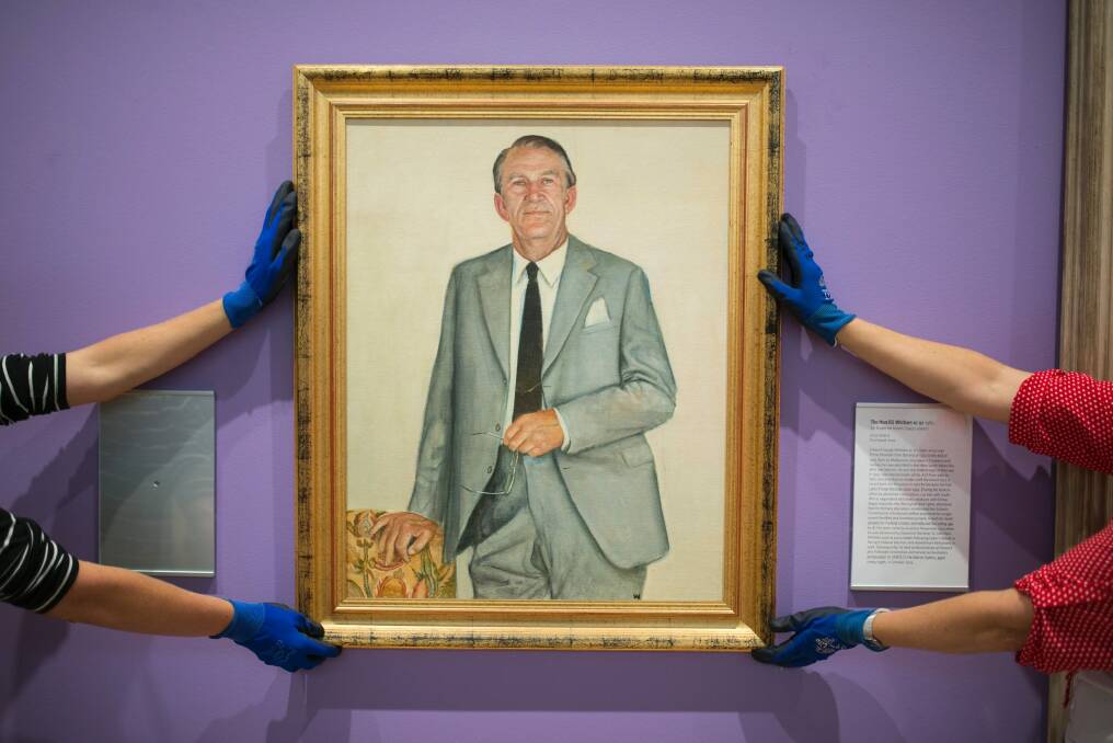 National Portrait Gallery staff hang Westwood's first study for the Fraser portrait last week. Photo: Rohan Thomson