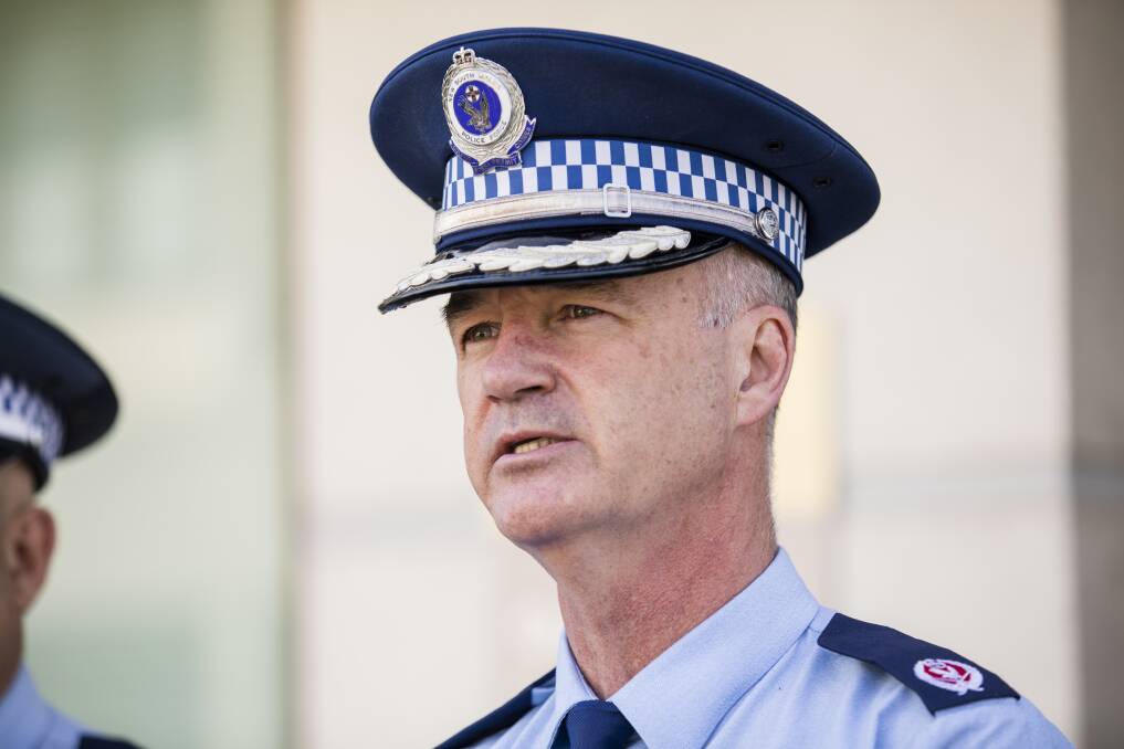 Assistant Commissioner Peter Barrie addresses media outside the Queanbeyan police station after an armed offender was shot on Saturday morning. Photo: Jamila Toderas