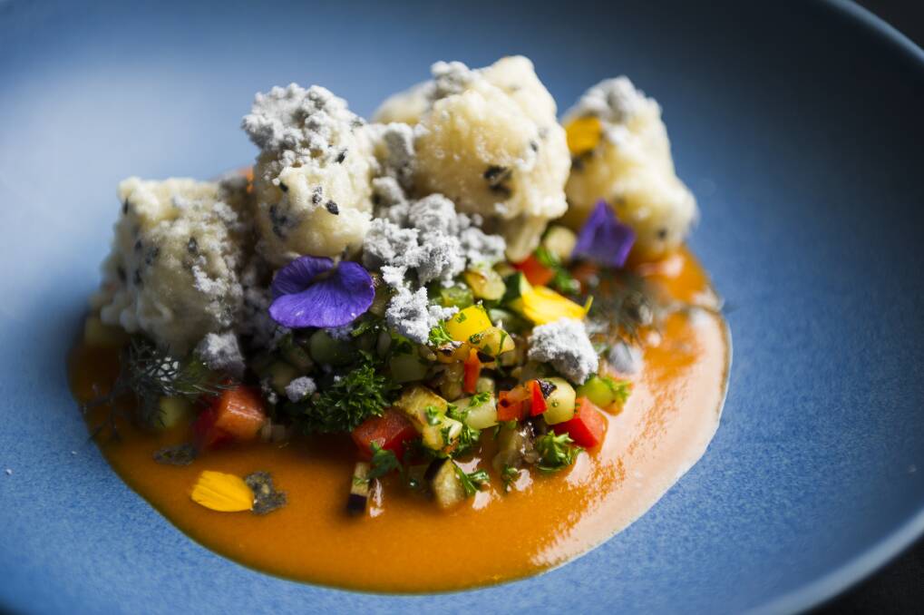 Queen's Terrace Cafe offering tempura saffron pickled scallops, spring vegetable ratatouille, ash malto.  Photo: Dion Georgopoulos